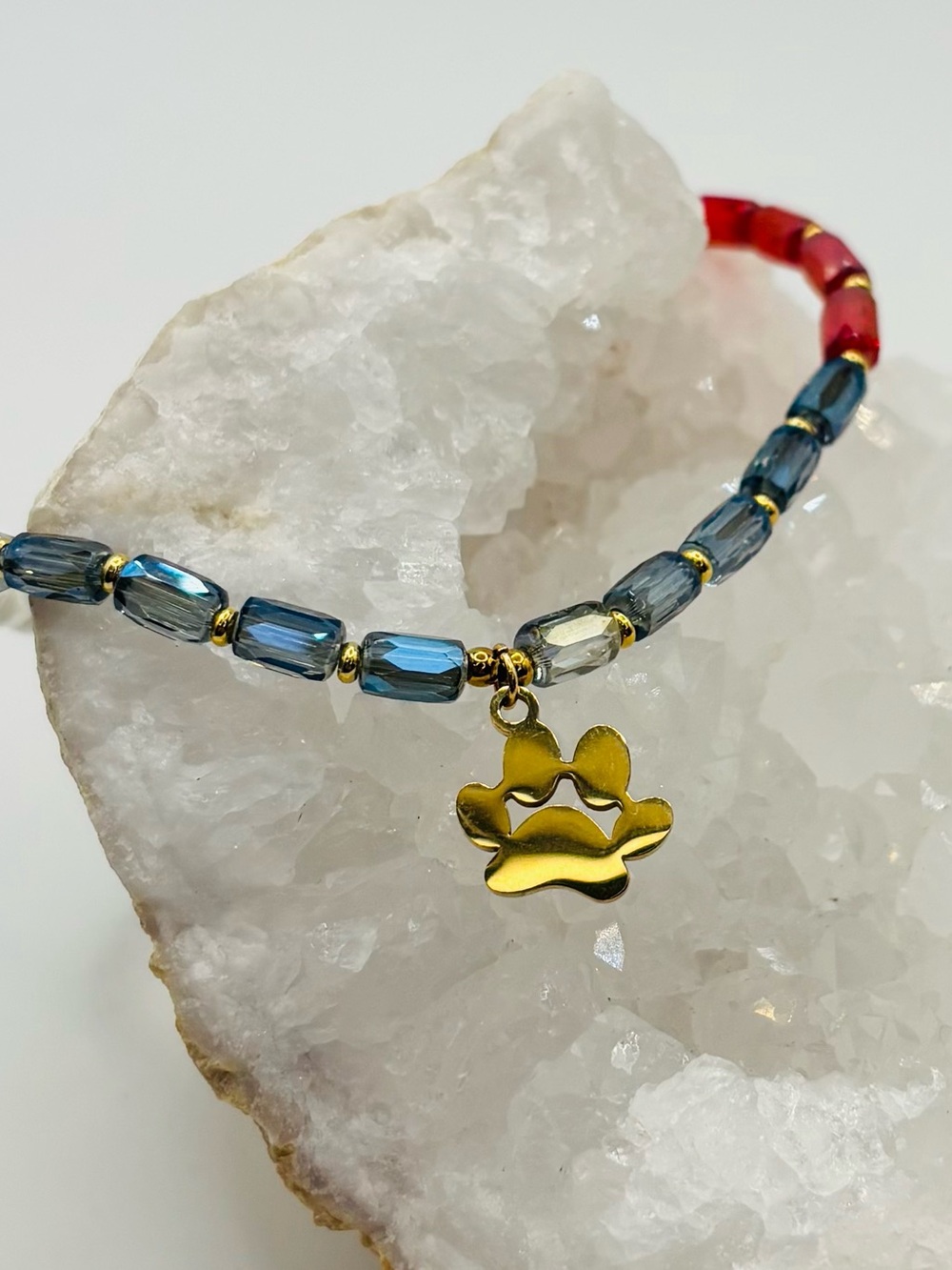 *ANKLET* S.Steel Gold Paw Print & AB Red White Blue Glass Stretchy Anklet - Picture 5 of 6